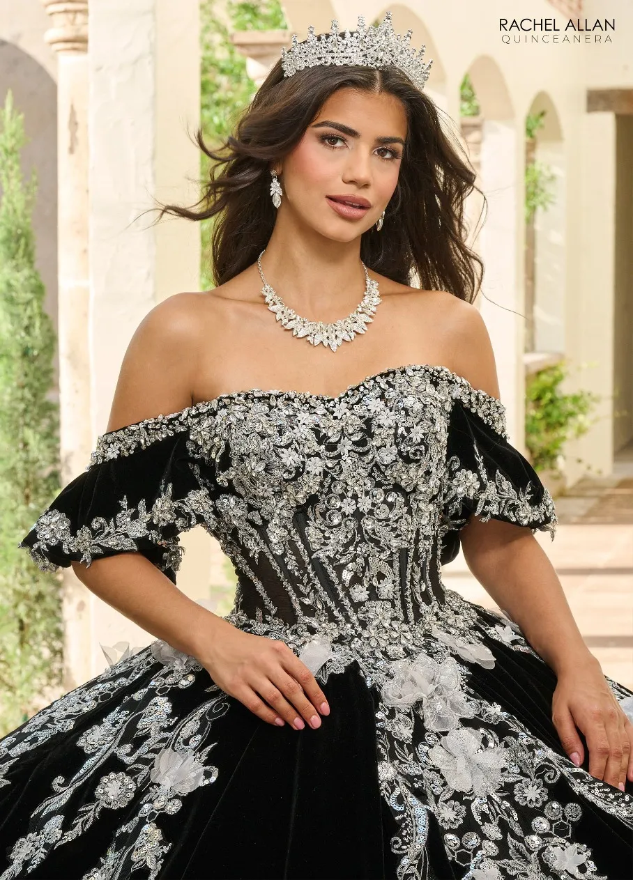 Black velvet off-shoulder heavily beaded long tulle ball gown Quinceanera - view 5