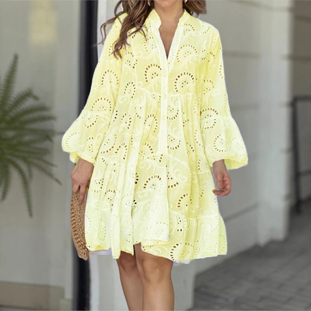 2025 European And American Spring/Summer Solid Color V-Neck Loose Embroidered Hollow Lace Floral Sexy Dress Sun Protection Clothing - view 4