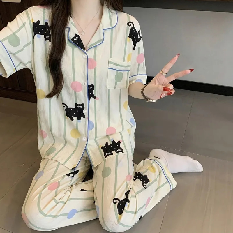 Cute Strip Dot Cat Print Satin Pajamas Set Short Sleeve Buttons Lapel Top Elastic Pants Sleepwear Summer 260625 - view 3