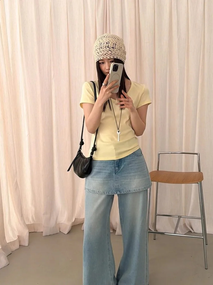 Korean Style Women Loose Twopiece Spliced Jeans Retro Straight Full Length Denim Pant High Waisted Casual Long Trousers 260625 - view 6