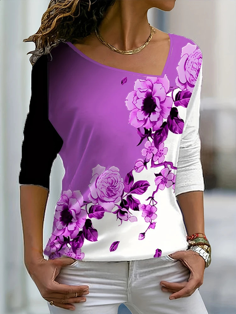 Plus Size Summer Womens Printed Pattern Slash Neck Long Sleeve T-Shirt Loose Casual Polyester 3XL-5XL 260626 - view 7