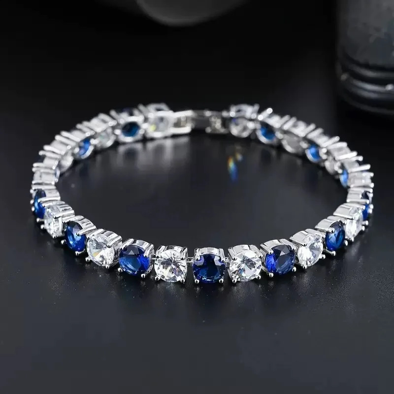 925 Sterling Silver Blue and White Zircon Tennis Bracelet Womens Elegant Wedding Jewelry Gifts Suitable for Party Wear 260626 - view 4
