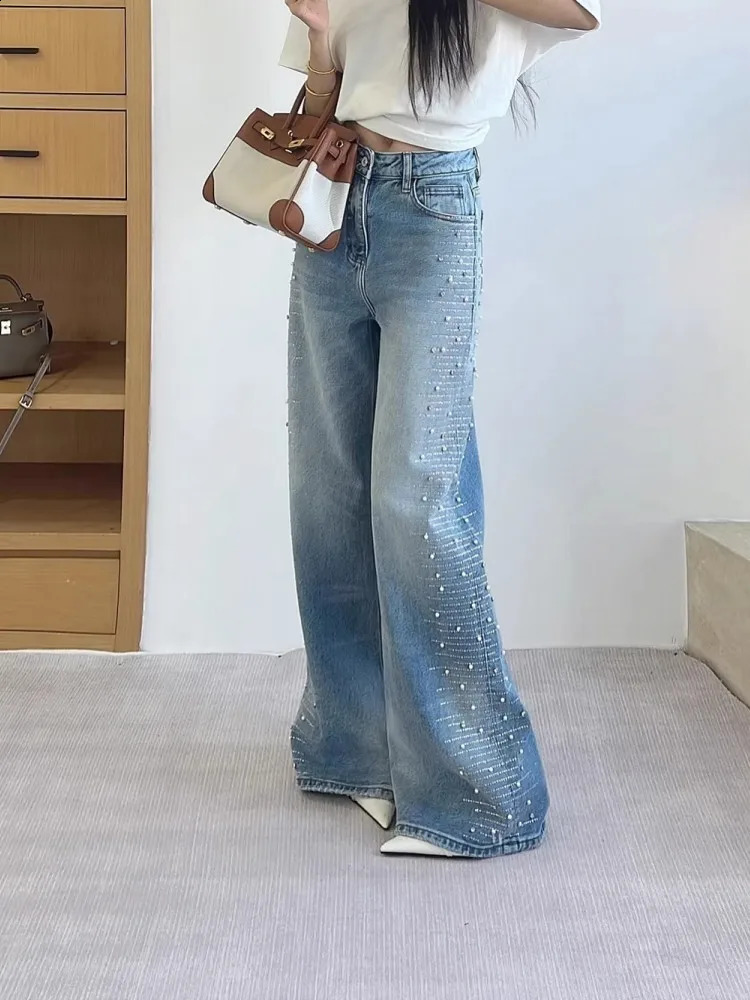 Female Spring Diamond Beading Wide Leg Jeans Loose Straight High Waisted Denim Trousers Women Casual Long Pant 260625 - view 5