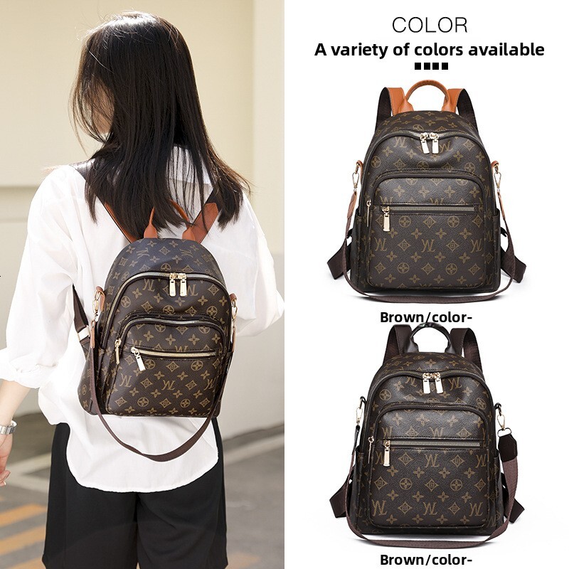 Vintage Print Women Backpack Multi Pocket Zipper Travel Rucksack Detachable Shoulder Strap PU Leather Ladies Daily School Backpacks - view 5