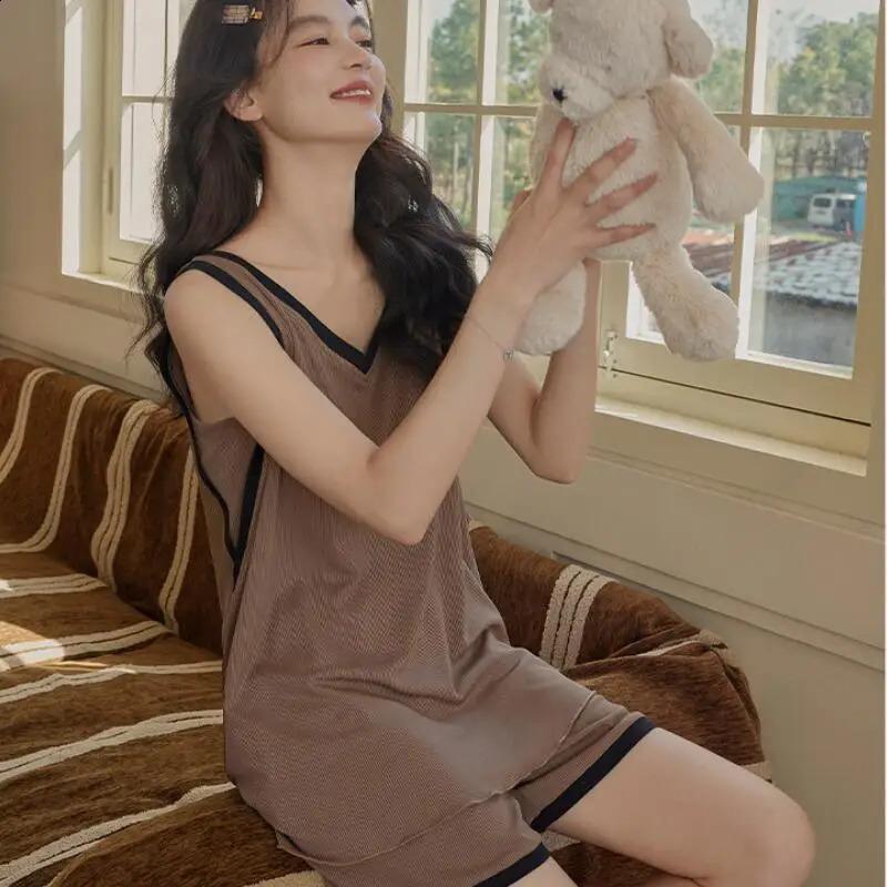Summerwomen Thin Style with Builtin Chest Cushion Soft Comfort Sleepwear Set Sleeveless Vest Shorts Fashion Home Clothingset 260625 - view 6