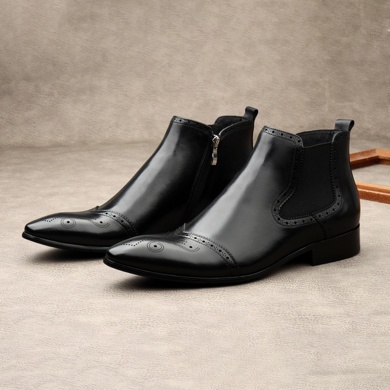 Men Winter Warm Wool Lined Chelsea Ankle Boots Genuine Leather Side Zipper Pointed Toe Brogue Dress Boots Formal Business Wedding Leather Boots For Ma - view 6