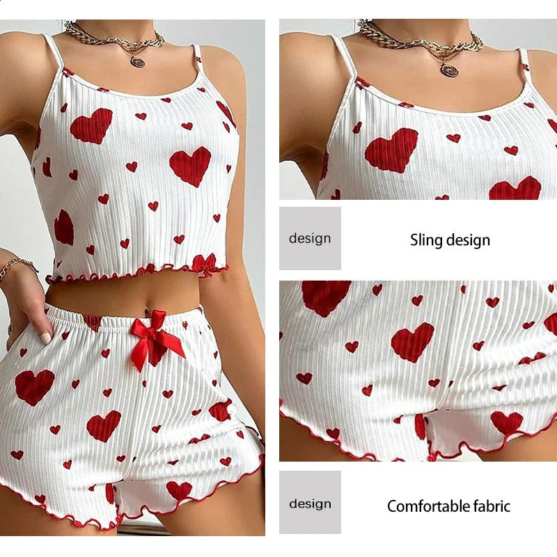 Womens Pajamas Set Sleepwear 2 PCS Short Tank Tops And Shorts S M L White Ventilate Soft Casual Love Printing 260625 - view 5