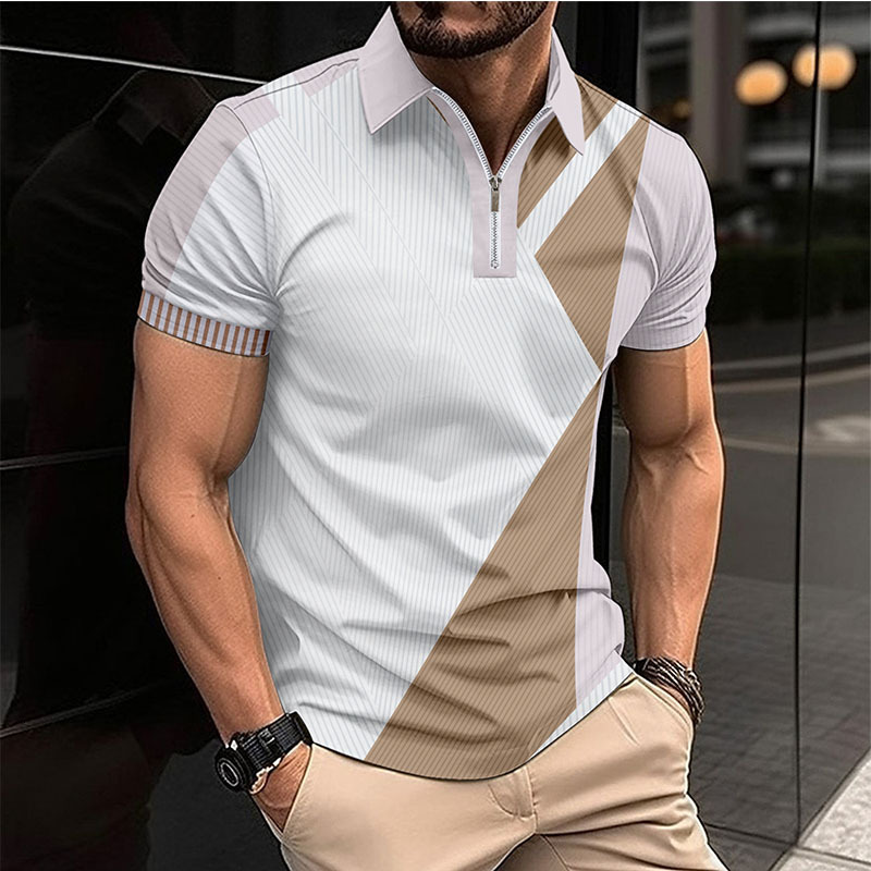 New European And Men's Casual POLO Shirt, Summer Striped Turn-Down Collar Zippered Business T-Shirt Top