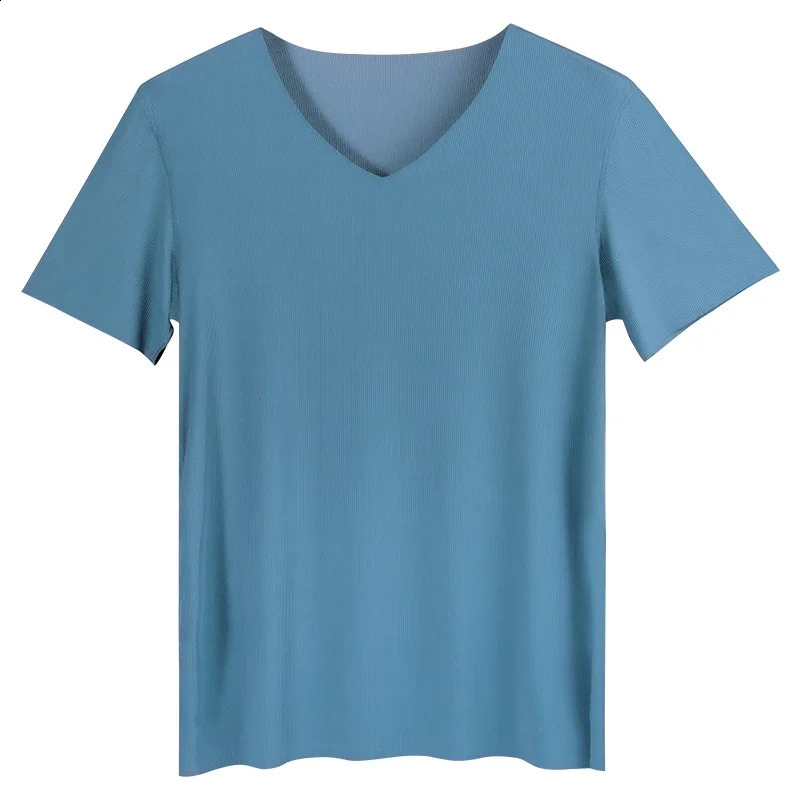 Summer ice silk mens shortsleeved solidcolor Tshirt Vneck sleeveless top base layer shirt fitted underwear 260626 - view 3