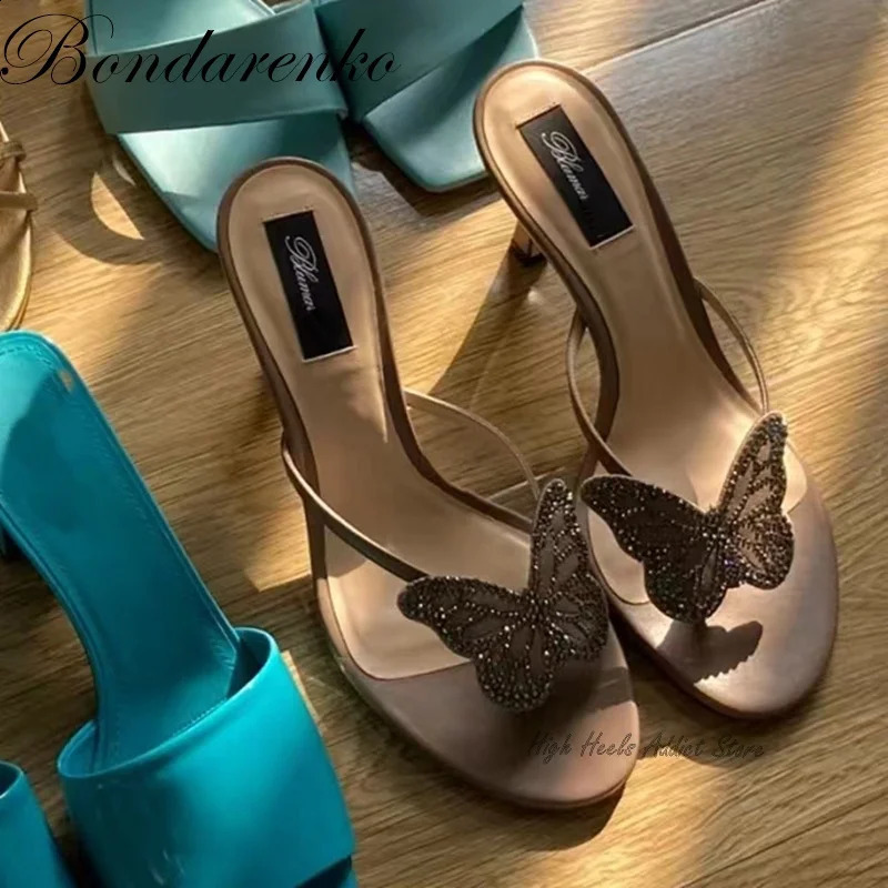 Pink Crystal Butterfly Flip Flop Sandals Women Stiletto High Heels Slipper Summer Party Beach Dress Shoes Mules 260626 - view 4