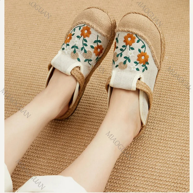 Women Casual Linen Embroidery Shoes Baotou Flat Mules Half Slippers Causal Retro Summer Ladies Canvas Sandals Comfort Footwears 260626 - view 6