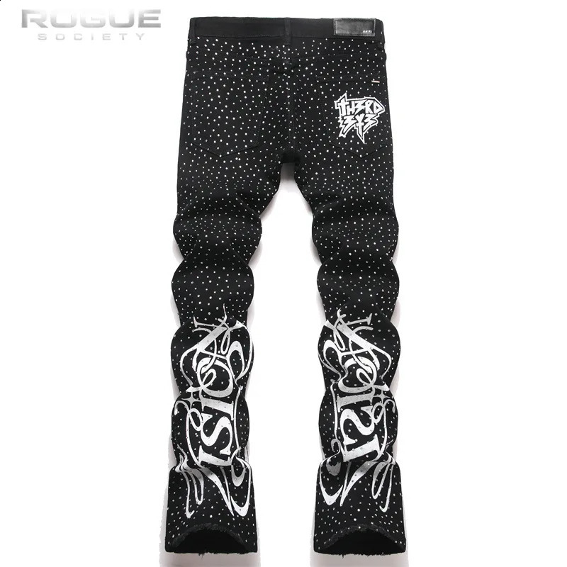 Punk Flame Rhinestone Jeans Men Harajuku Black High Street Elastic Streetwear Y2K Grunge HipHop Casual Denim Pants Unisex Edgy 260625 - view 3