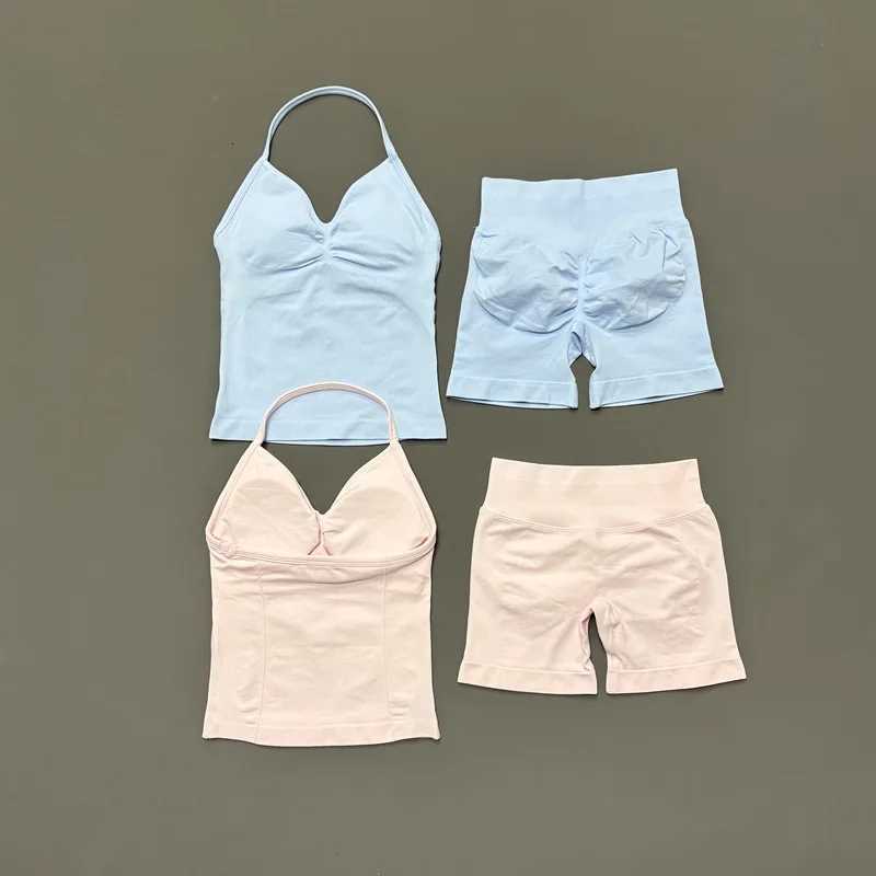 HISTELLO Yoga Set Women 2Pcs Halter Tank Top Scrunch Butt Lifting Shorts Ruched Anti Chafe Quick Dry Gym Workout Sports Set M260626 - view 7