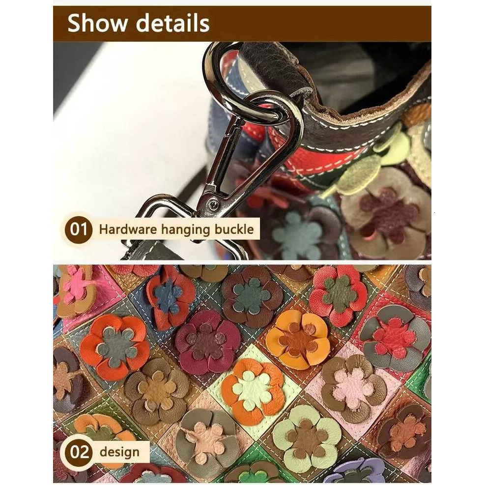 Genuine Leather Handmade Splicing Flower Crossbody Bags For Woman Random Scheme Cowhide Shell Bag Contrast Color Handbag - view 7