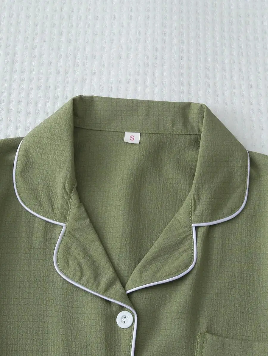 2pc Solid Color Summer Contrast Trim Collar Heart Embroidery Short Sleeve Pajama Set With Bowknot Shorts 260625 - view 5