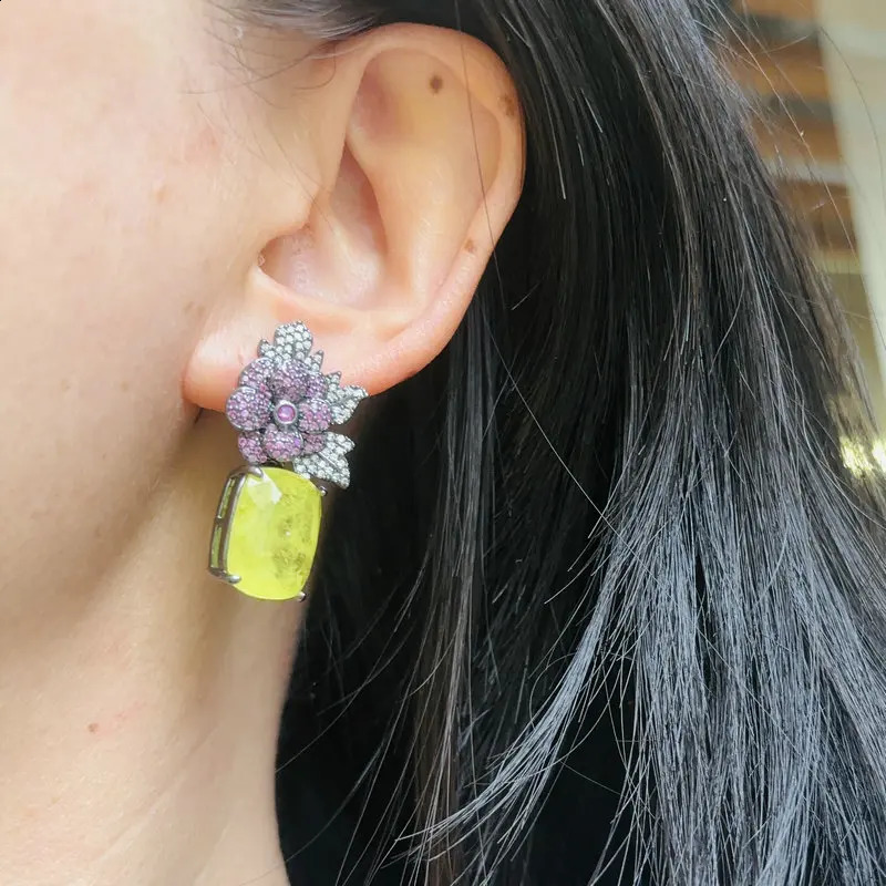 Bilincolor Red Flower and Yellow Cubic Zirconia Dangling Earring for Women 260625 - view 4