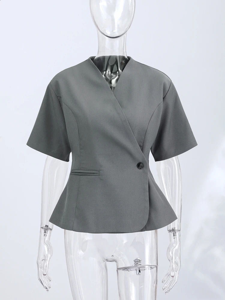 Elegant Womens Short Sleeve Blazer Coat One Button V Neck Waist Cinching Jacket 2026 Spring Summer Daily Outwears 260625 - view 6