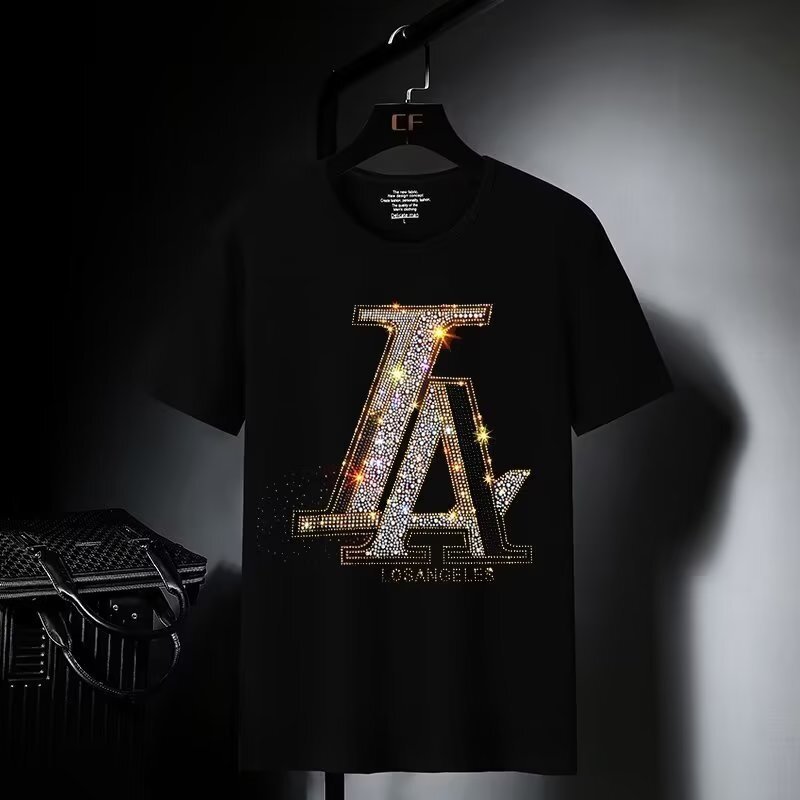 Men's Rhinestone T-Shirt, Punk Tie-Dye Letter Graphic Tee - Loose Fit, Short Sleeve, Square Neck, Black, Size Large, Casual Vacation Shirt for Autumn 
