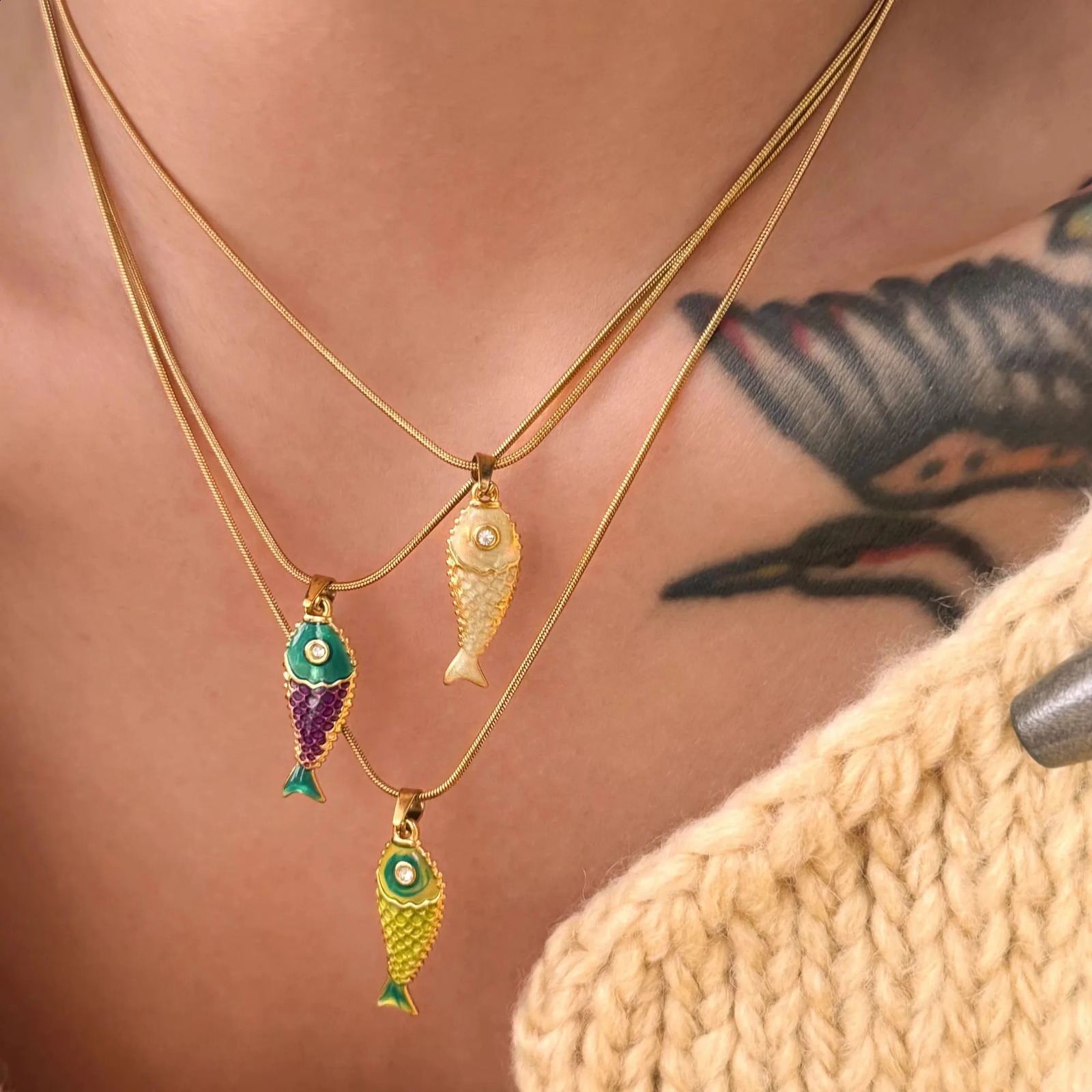 Stainless Steel 18k Gold Plated Daily Casual Cute Colorful Fish Pendant Necklace for Women Boho Tarnish Free Waterproof Jewelry 260626