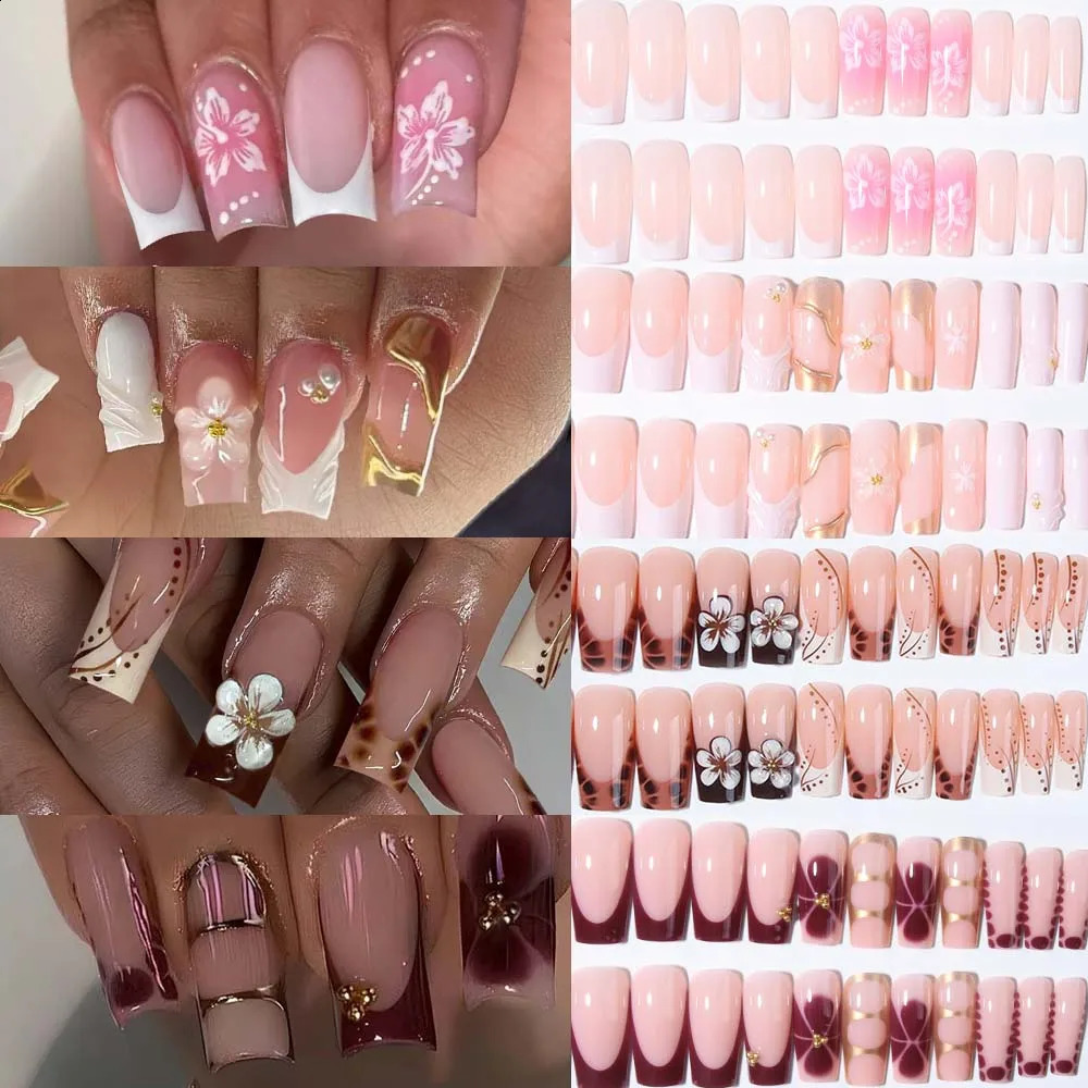 96Pcs4Mixed3D Three-Dimensional Gelnail Makes Flower Nails With Faux Pearl Decorate n Square French Tip Press On Nails Lo 260626 - view 1