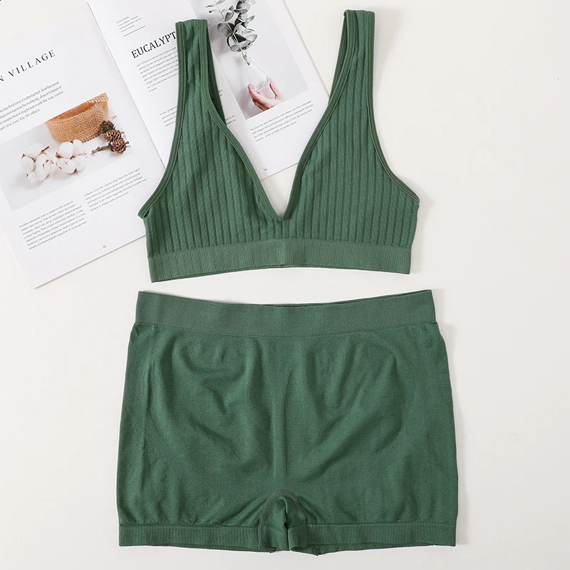 Women Seamless Bra And Panties Set Female Sport Vneck Unlined High Rise Shorts Stretchy Underwear Sexy Lingerie 260626 - view 7