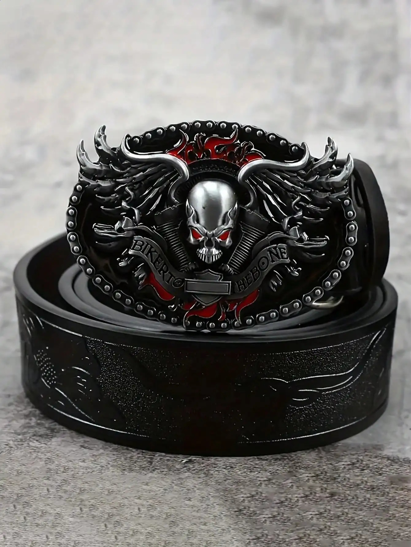 HERSHINE Men's Vintage Embossed Leather Belt 1 Piece Skull Ghost Buckle Y2K Gothic Punk Rock Hip Hop Accessoryspringsummer 260626 - view 5