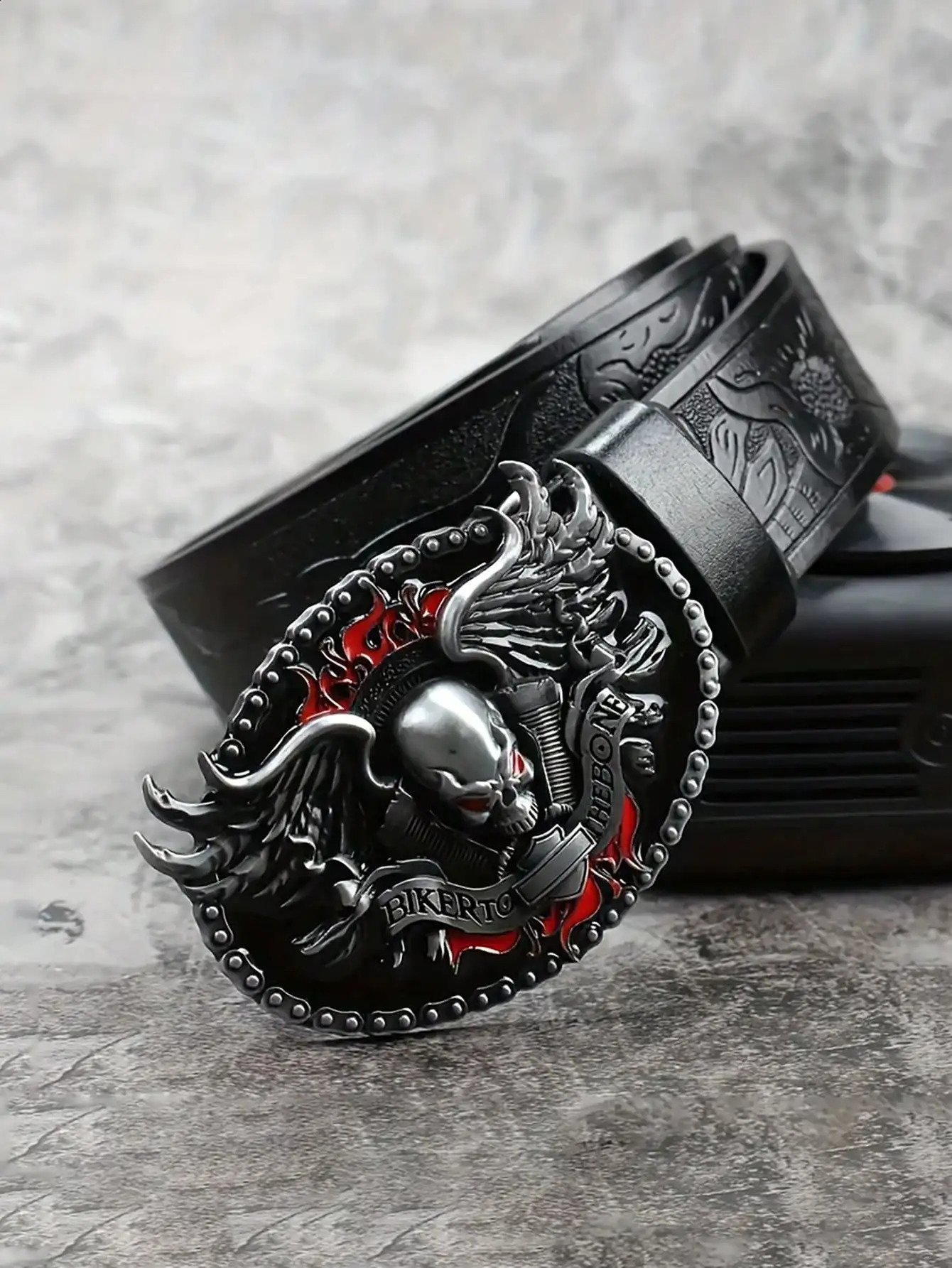 HERSHINE Men's Vintage Embossed Leather Belt 1 Piece Skull Ghost Buckle Y2K Gothic Punk Rock Hip Hop Accessoryspringsummer 260626 - view 4