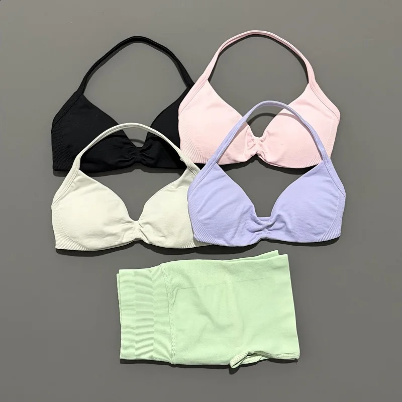 HISTELLO Sports Set 2 Piece Women Strappy Gym Yoga Bra Workout Scrunch Shorts Fitness Sports Suit Clothes Seamless Yoga Set 260626 - view 4