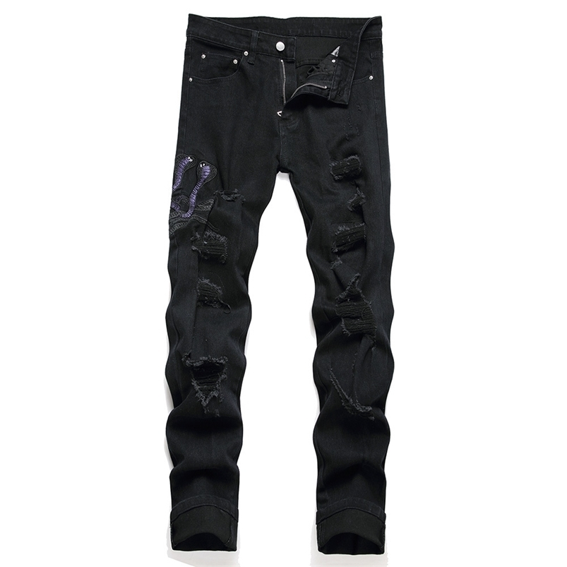 Men Snake Embroidery Jeans Streetwear Black Stretch Denim Pants Holes Ripped Distressed Slim Straight Trousers 260618CJ