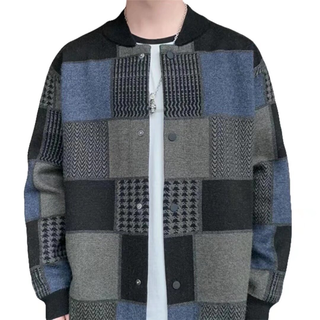 Plaid Knit Cardigan New Men's Japanese Style Trendy Loose Baseball Collar Casual Versatile Sweater - view 6
