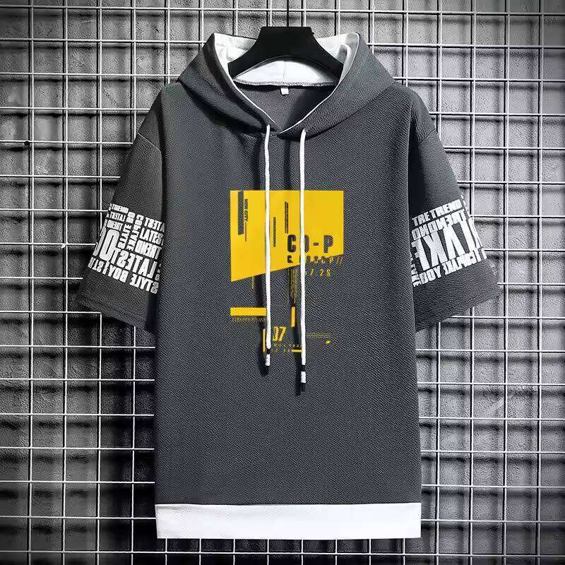 New Korean Style Men's Fashion Streetwear Half Sleeve Hooded Sweatshirts Casual Harajuku Prints Men Clothing Hoodies W260626
