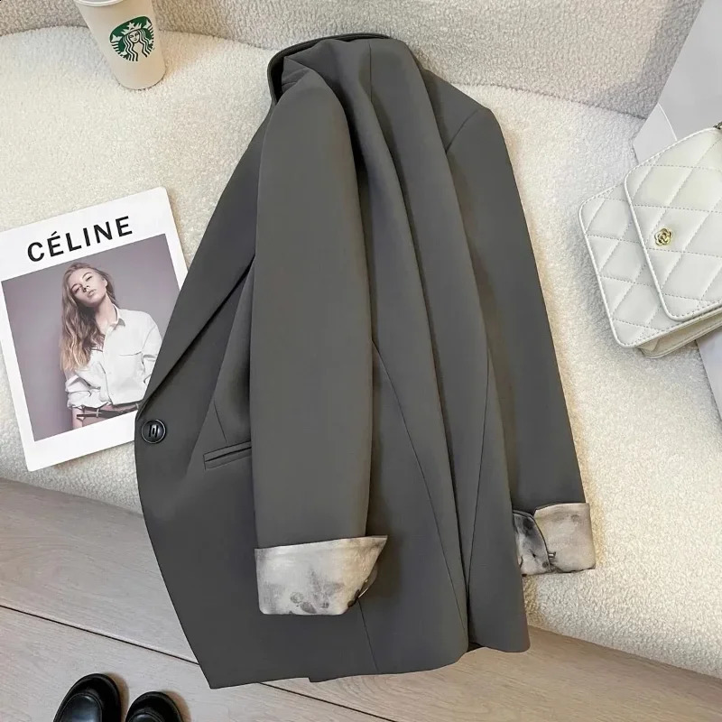 Gray Retro Blazer Womens Long Sleeve Button Solid Color Lapel Cardigan Commuting Top 260625 - view 4
