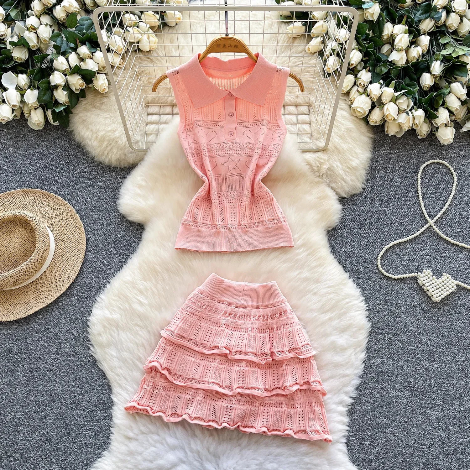 2026 Summer Women Sweet Turndown Collar Sleeveless Short Camisole Tops Solid Color Pleated Mini Skirt Two Piece Set 260626