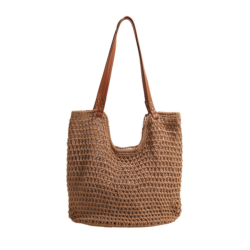 Vintage Handmade Straw Woven Tote Bag For Women, Artistic Cotton Thread Casual Beach Vacation Shoulder Handbag - view 6