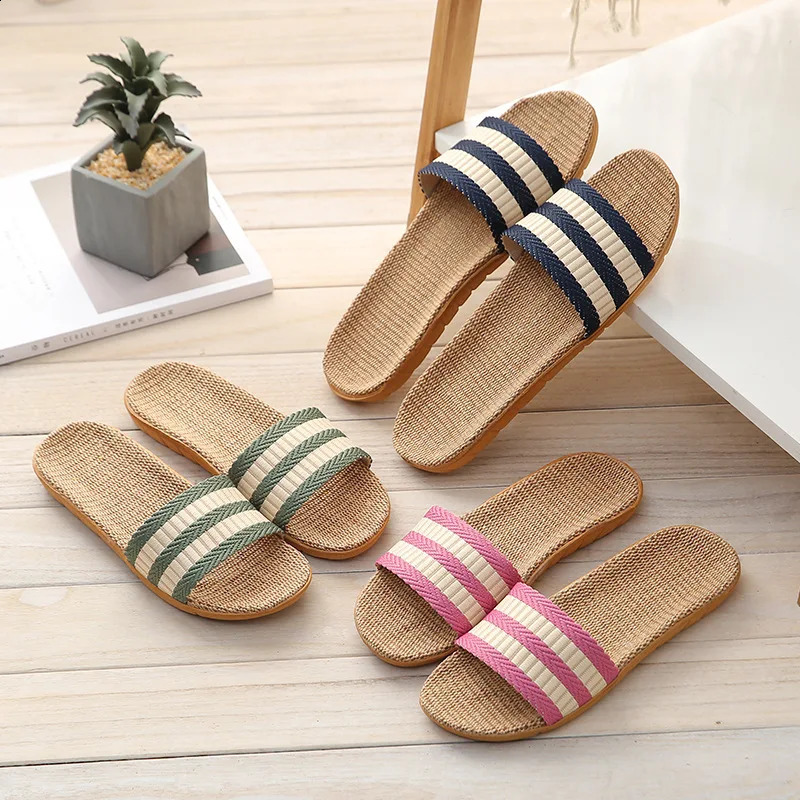 Summer Couples Linen Slippers - Striped Fashion Non-Slip Comfort Indoor EVA Floor Breathable Sandals 260624 - view 5