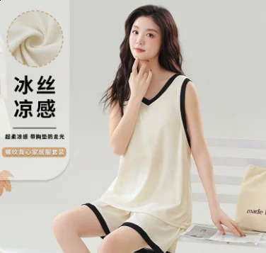 Summerwomen Thin Style with Builtin Chest Cushion Soft Comfort Sleepwear Set Sleeveless Vest Shorts Fashion Home Clothingset 260625 - view 7