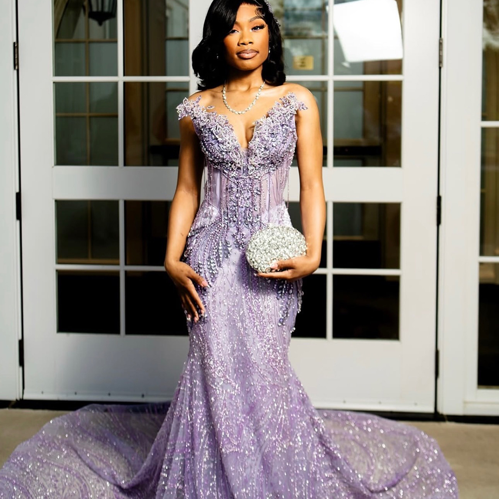 Purple Long Prom Dresses 2026 For Black Girls Corset Sweetheart Sequin Crystal Tassel Evening Gowns For Party