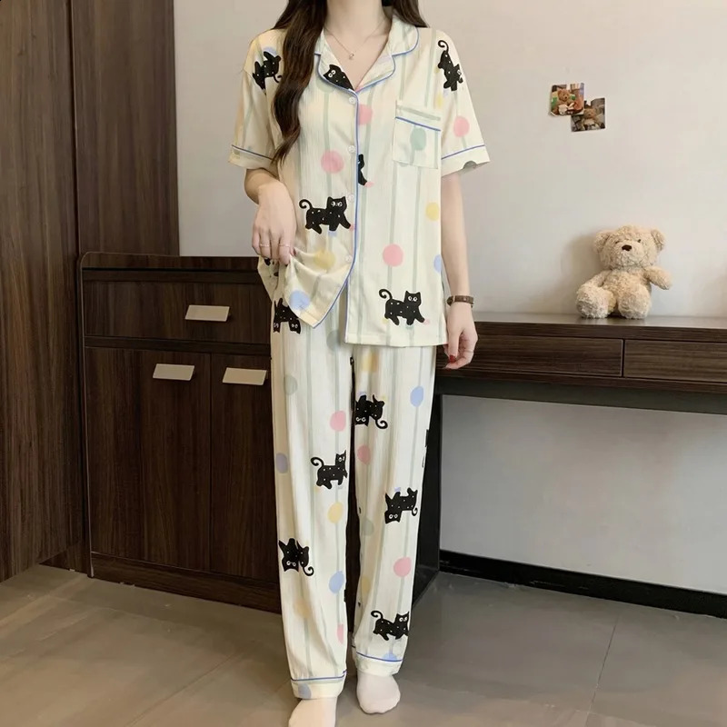 Cute Strip Dot Cat Print Satin Pajamas Set Short Sleeve Buttons Lapel Top Elastic Pants Sleepwear Summer 260625 - view 4