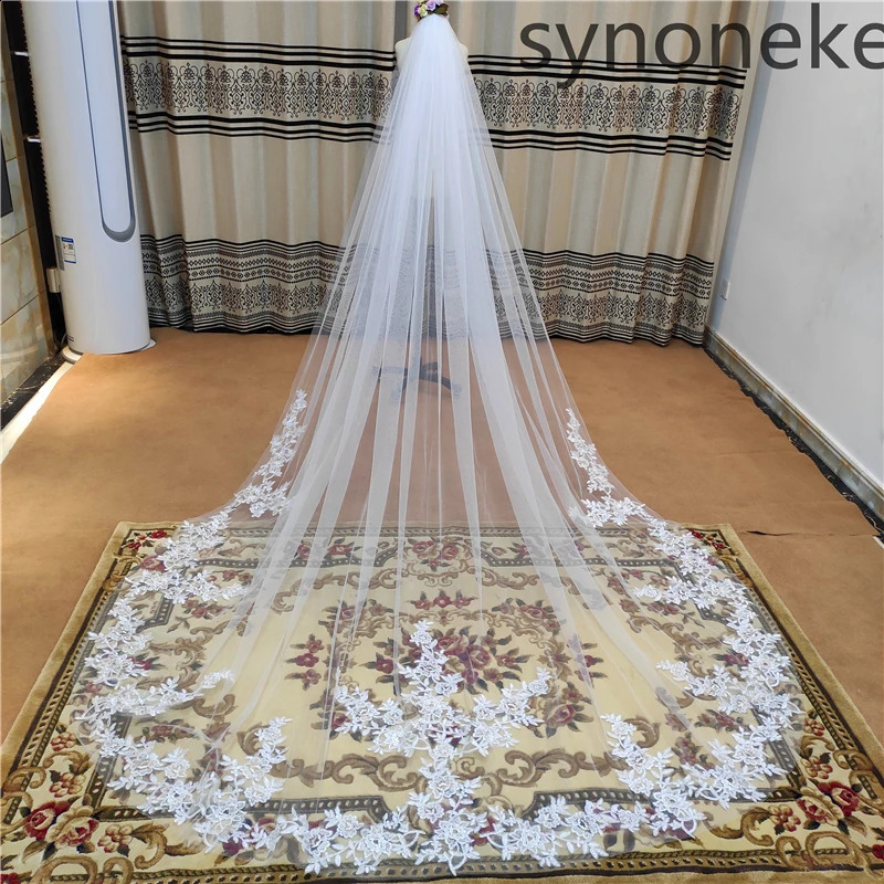 Po One Layer Bridal Veil with Comb White Lace Edge Ivory Appliqued Cathedral Wedding Veil for Brides 260617 - view 3