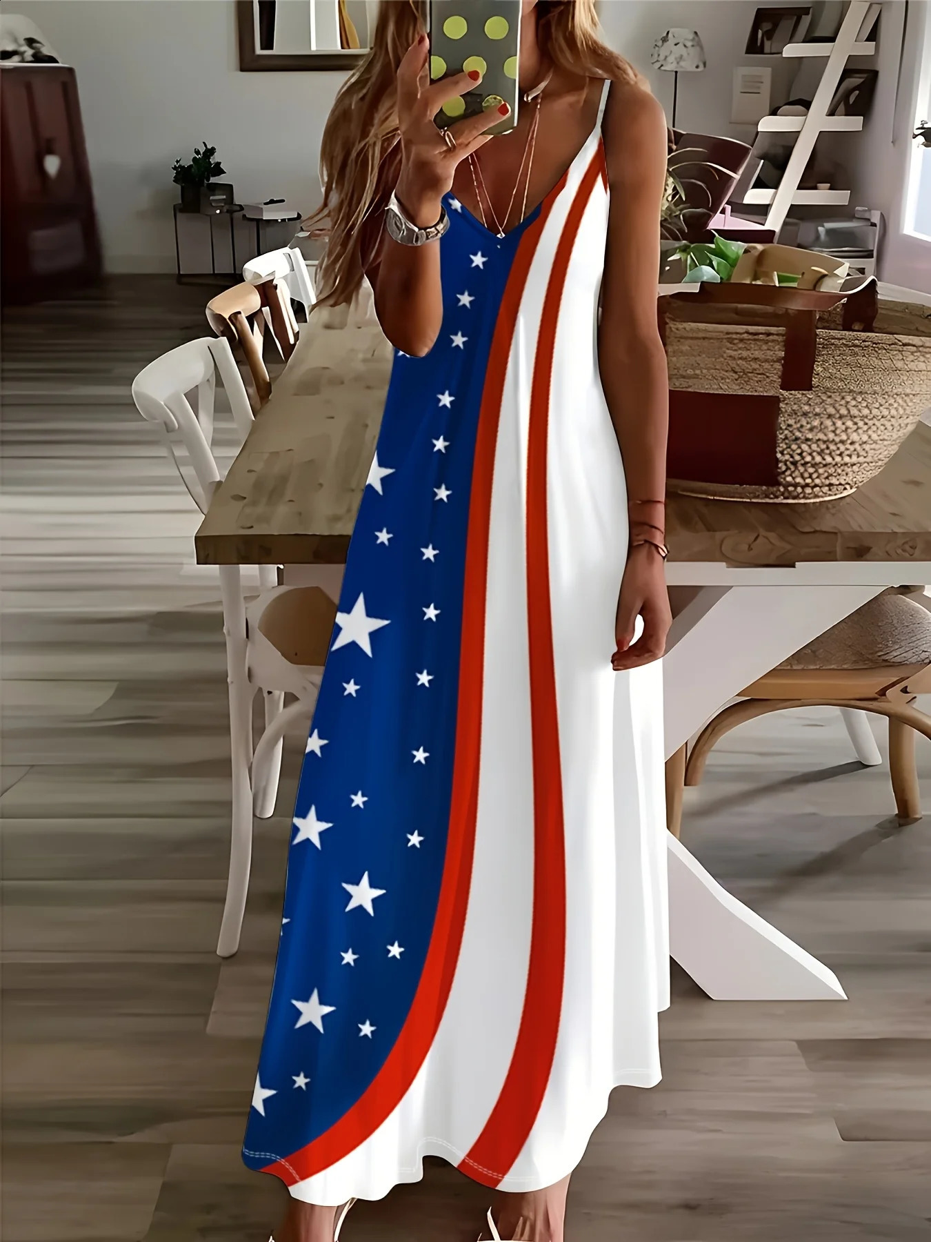 Women Long Sleeve Casual Dress with American Flag Stars Pattern Vacation Style V Neck A Line for Spring Autumn 260625