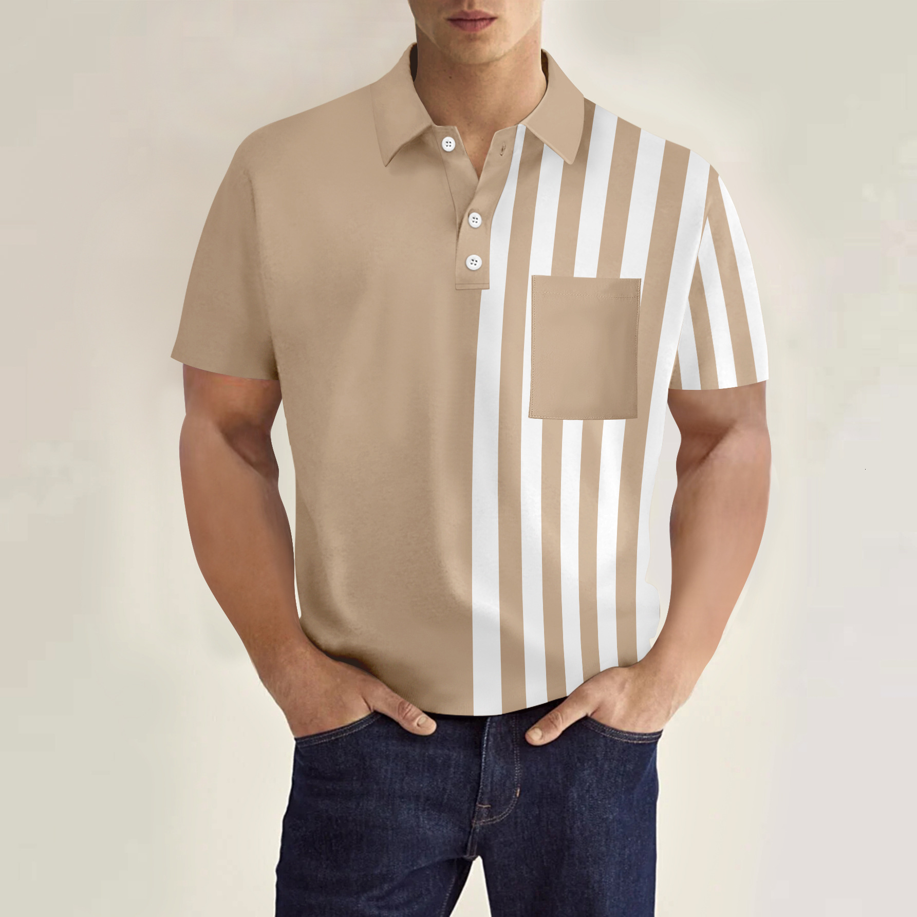 New Men's Casual POLO Shirt With Chest Pocket, V-Neck, Buttoned Stripes, And Printed Design, Versatile T-Shirt - view 5