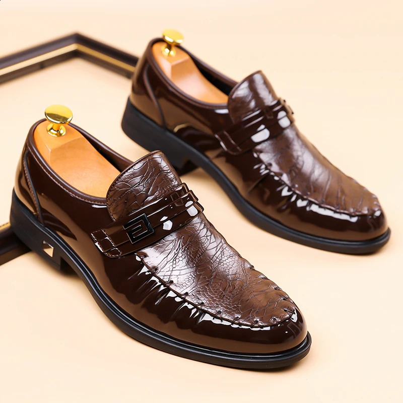 Mens Brown Pattern Dress Shoes Patent Leather Slipon Loafers Formal Business Wedding Oxfords for Men 260624