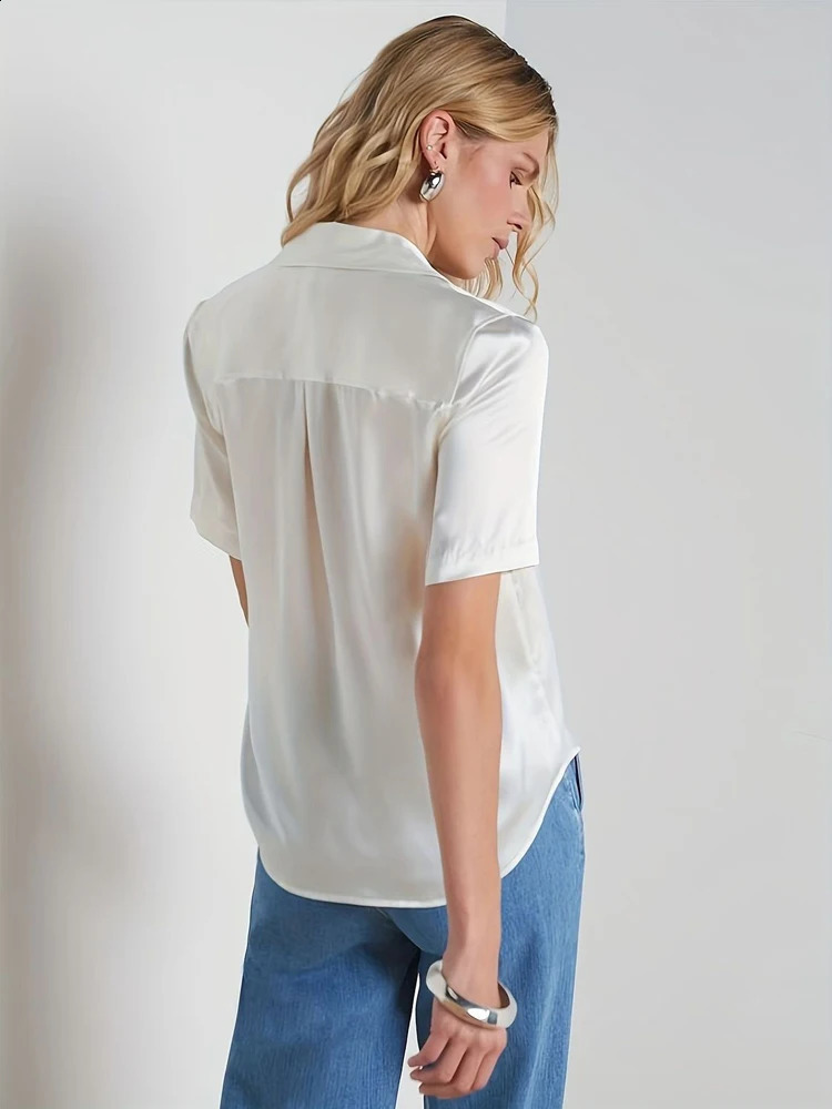 Zadily 2026 Summer Elegant Women Silk Satin Blouse Short Sleeve Button Down Collared Shirt Casual Office Lady White Tops 260626 - view 4