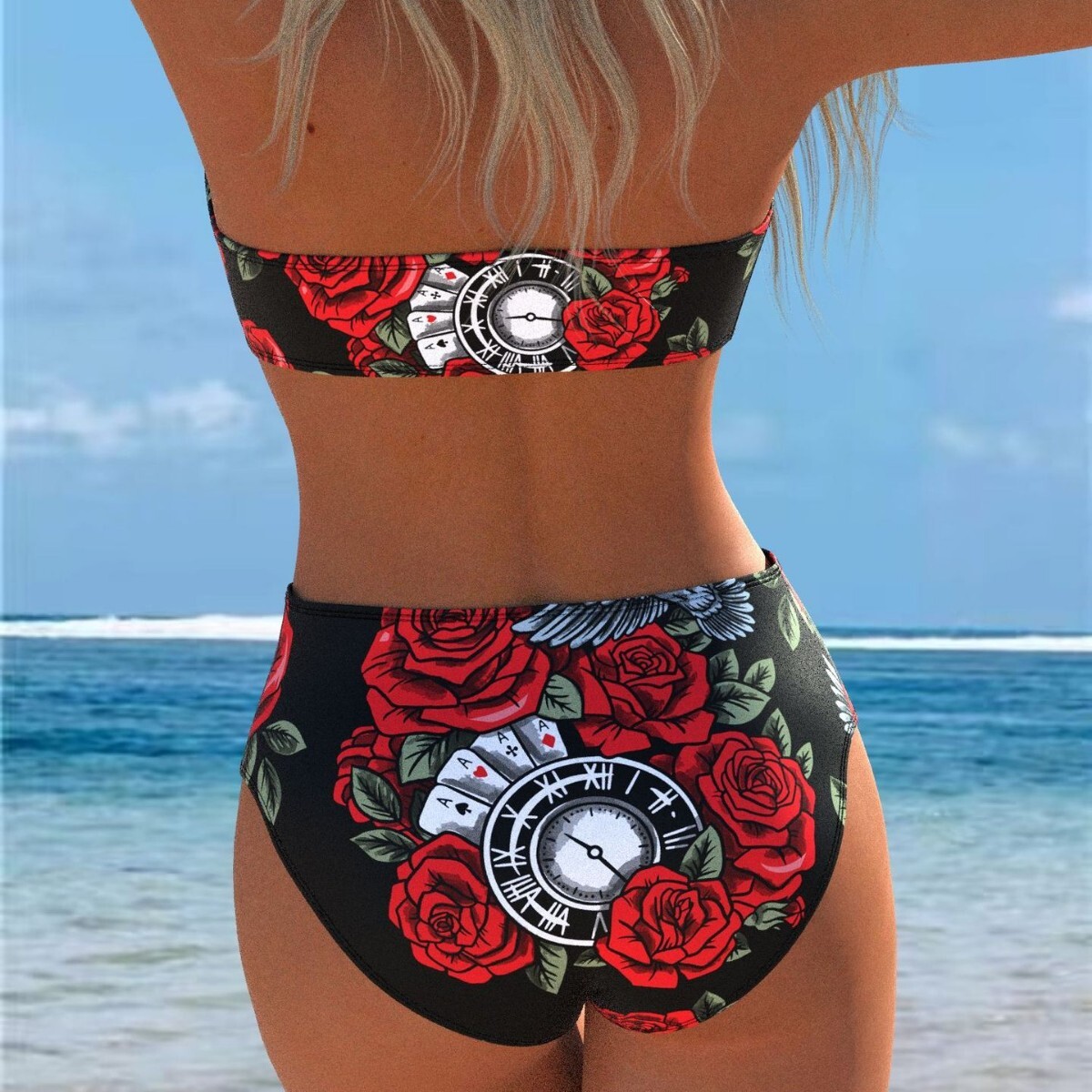 2026 Best-Selling New Rose Skull Pattern Personalized Print Strapless European And American Sexy Two-Piece Bikini For Women - view 4