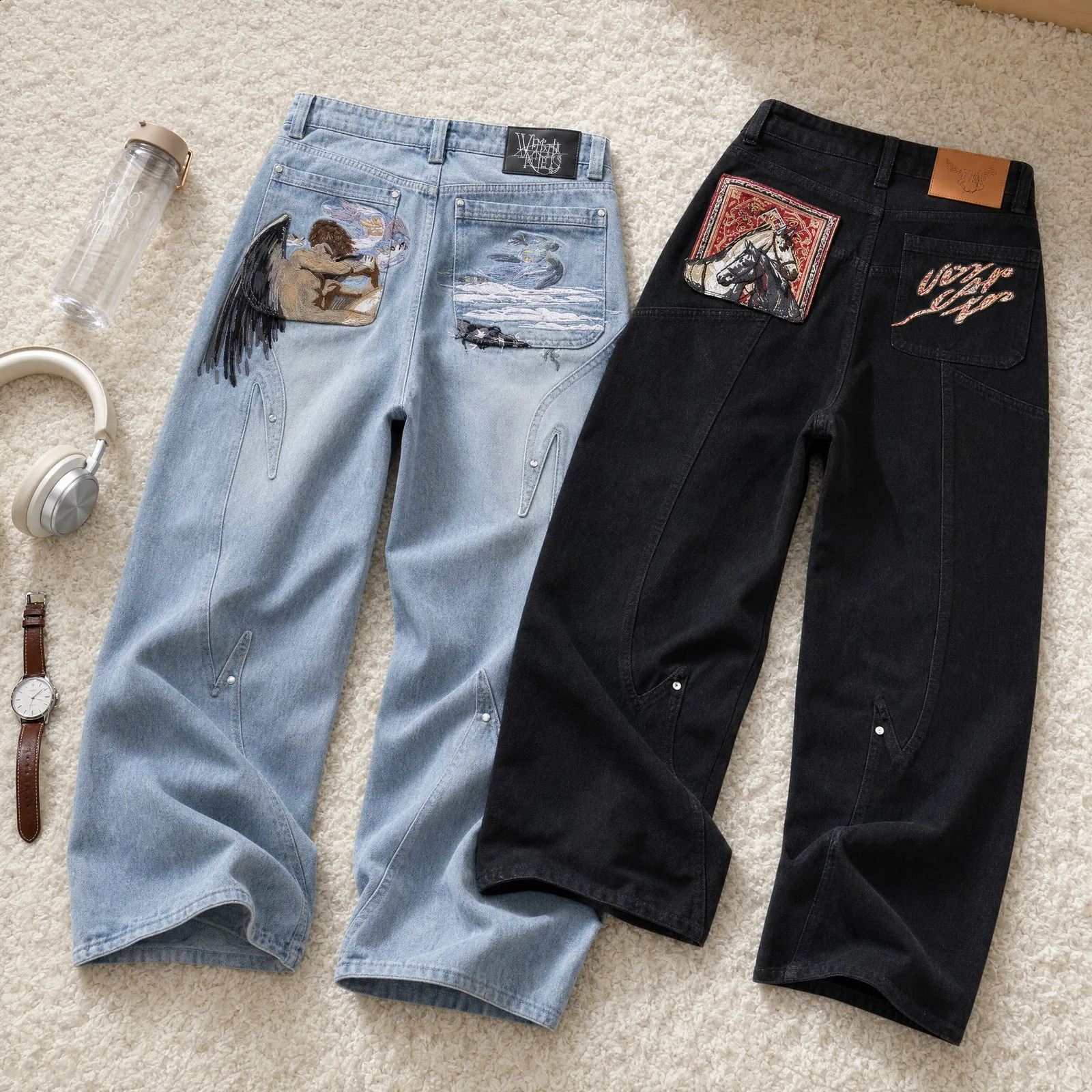 Y2K Black Baggy Cargo Jeans Men Horse Back Pocket Embroidery Cursive Wild Ride Distressed Cut Out Wide Leg Casual Denim Trouser 260625
