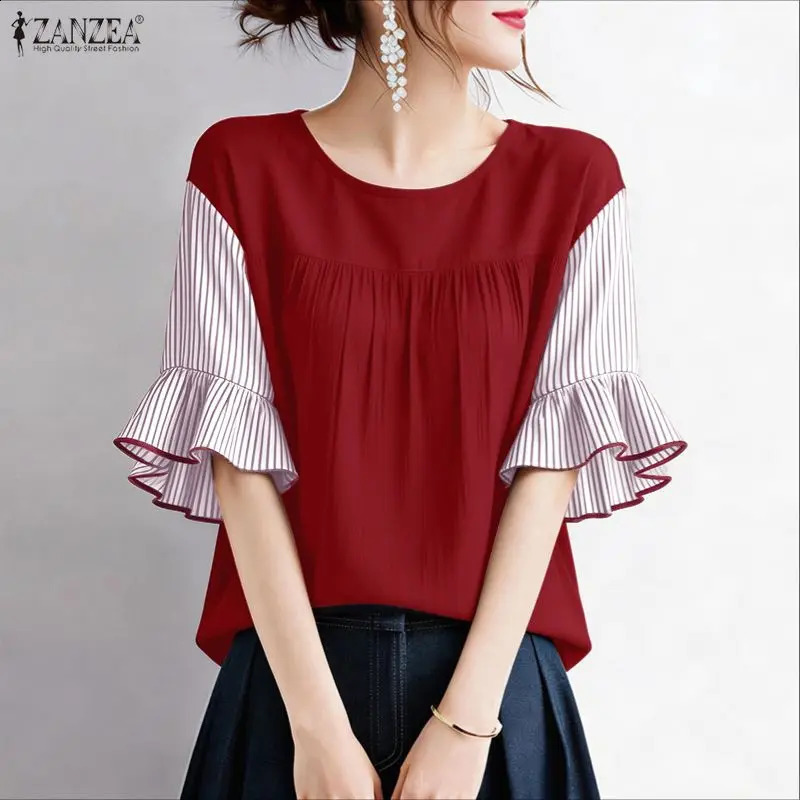 ZANZEA Women Summer Patchwork Blouse Stylish Short Ruffled Sleeve Tops Female Elegant Work Shirt Casual Loose Holiday Tunic 2026 260626 - view 3