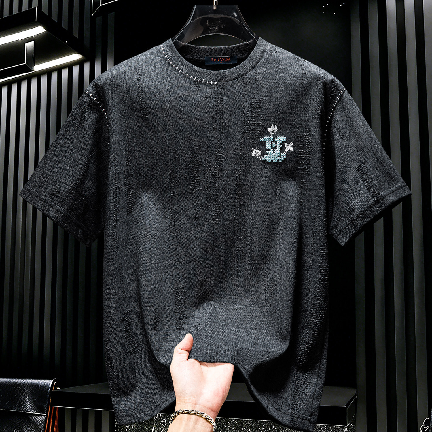 High-End Men's Designer T-Shirt With Brush Print And Distressed Details, New Model, Trendy Light-Luxury Half-Sleeve Shirt - view 5
