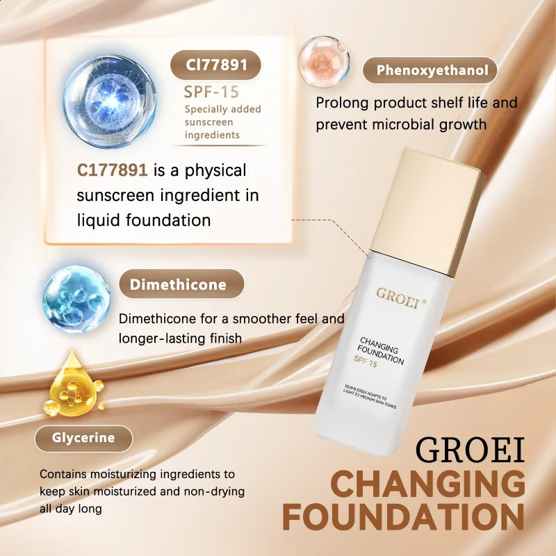 GROEI Changing Foundation SPF 15 - 30ml Adaptive Color Makeup Auto-Match Your Skin Tone Lightweight Cover Blemishes Redness 260625 - view 3