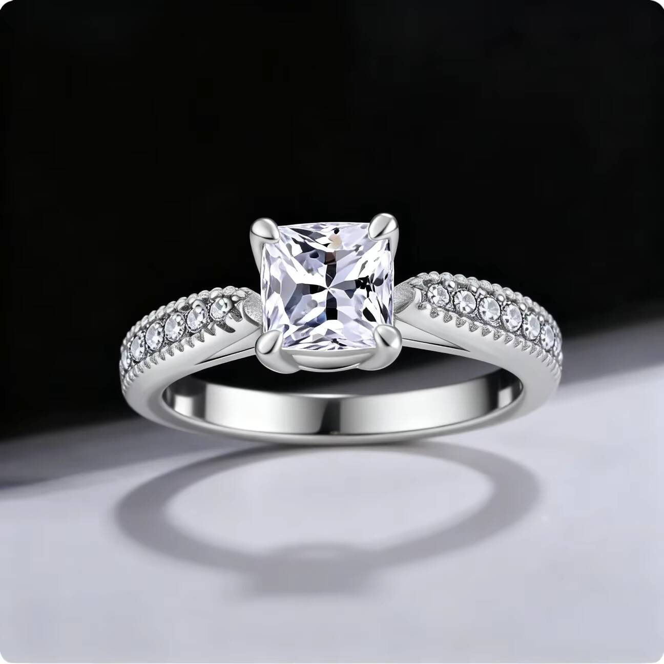 QX Classic Luxury Real Solid 925 Sterling Silver Black Rhodium Plated Flower Design Prong Set 10Ct Moissanite Wedding Ring - view 5