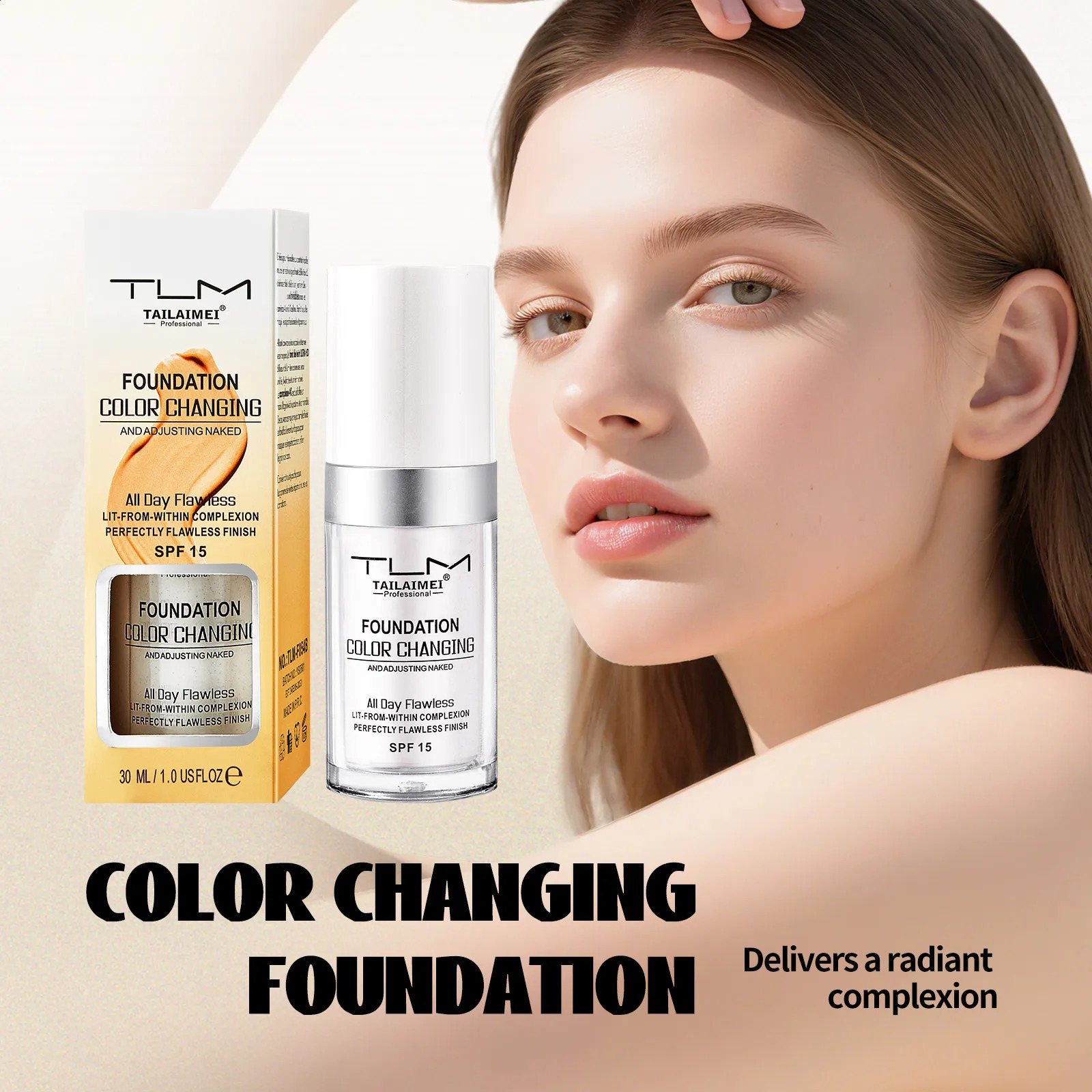 TLM Liquid Foundation Color Changing Concealer Waterproof Natural Brighten Skin Tone Face Cosmetics Makeup for Women Men 30ml 260625